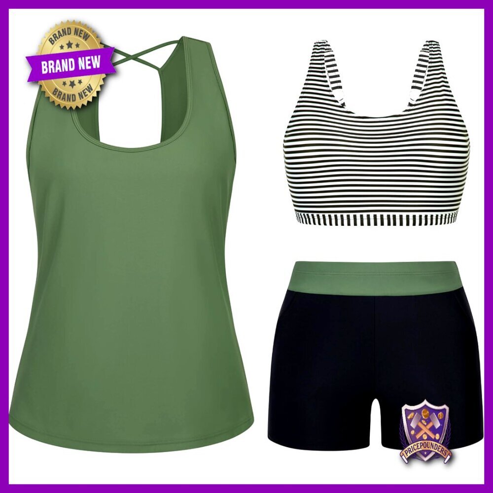 Plus Size 3-Piece Tankini Set with Swim Shorts, Removable Cups